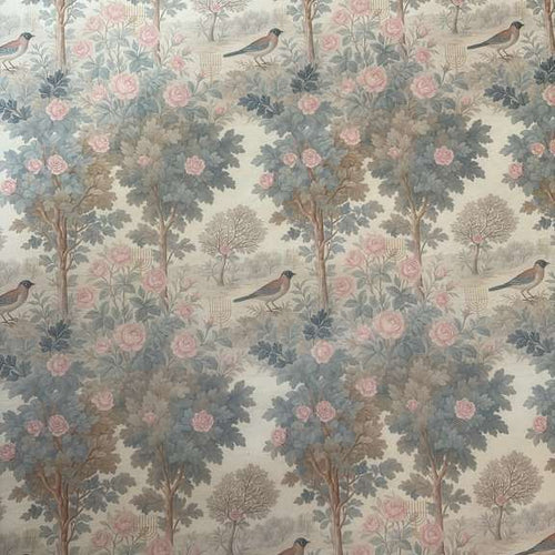 Patterned wallpaper with trees, birds, and flowers on a light background