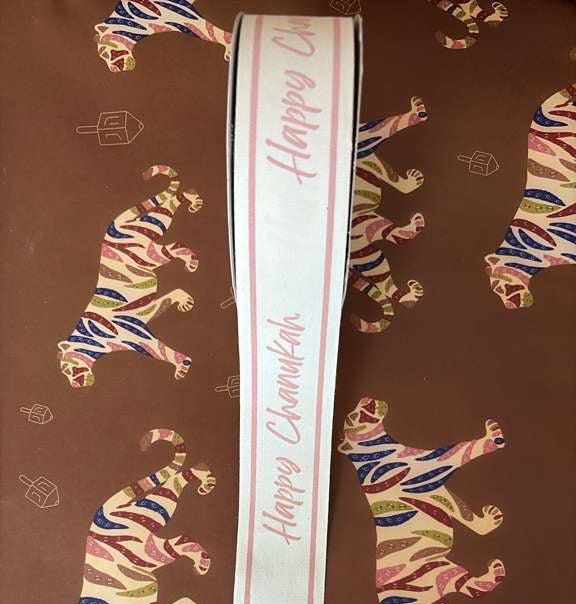 Happy Chanukah Coral Print w/ stripe Ribbon