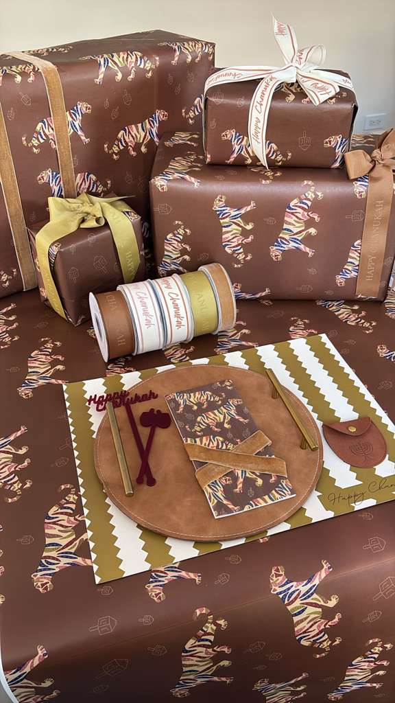 Happy Chanukah Coral Print w/ stripe Ribbon